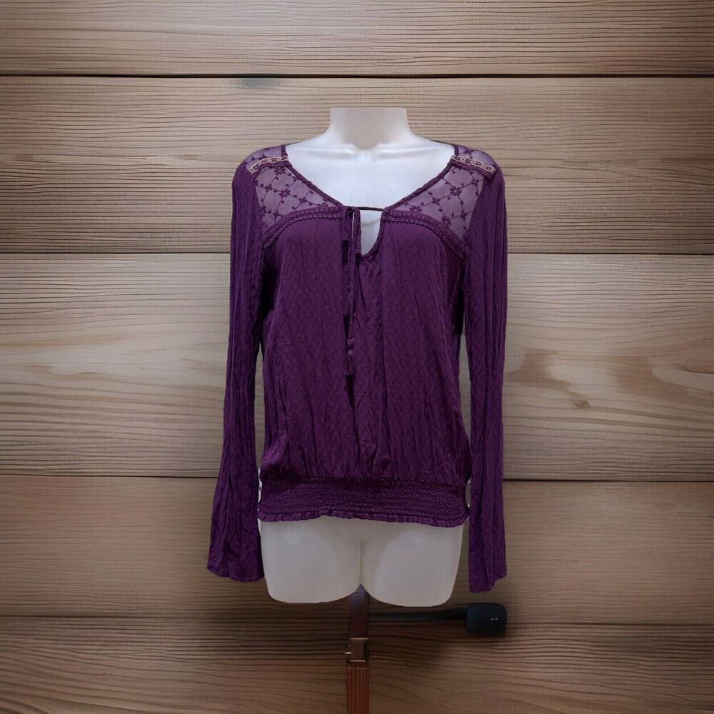Maurices Blouse Women's Purple Plum Lace Trim 3/4 Sleeve Elegant Shirt Top Small